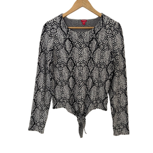 GUESS BLACK AND GREY SNAKESKIN PATTERN KNIT SWEATER WITH WAIST TIE, LARGE